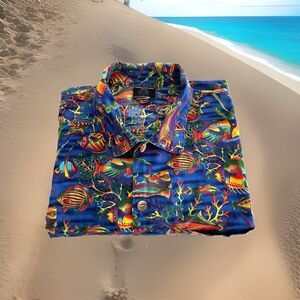 Vtg Toucan Dance Hawaiian Shirt by Fast Lane Tropical Fish Coral Reef Men Medium